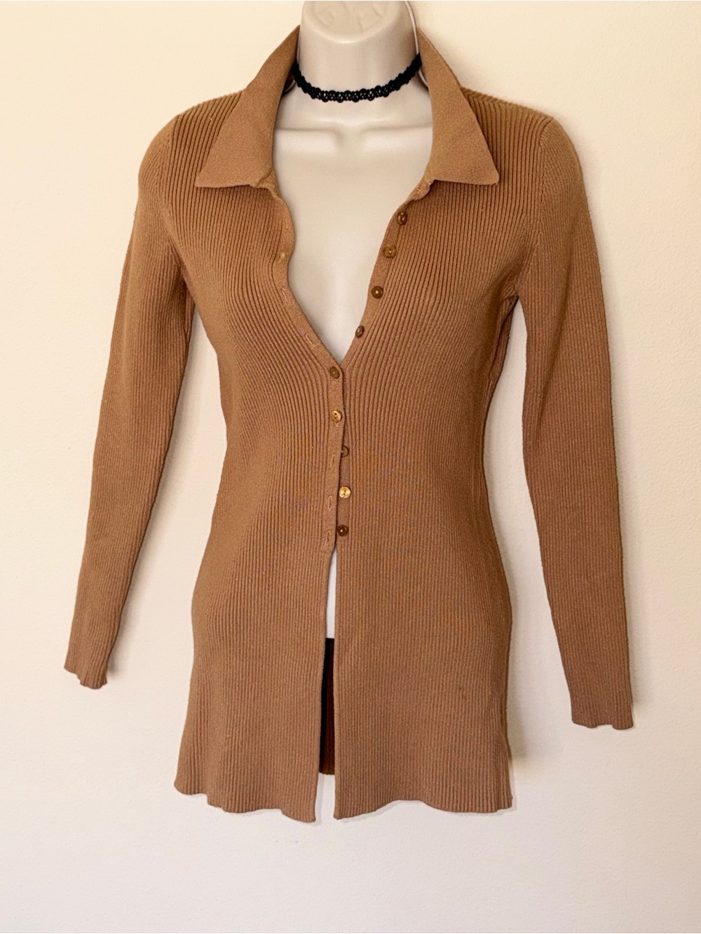 MAEVE Ribbed Long Sleeve Button-Front Sweater Cardigan - Camel